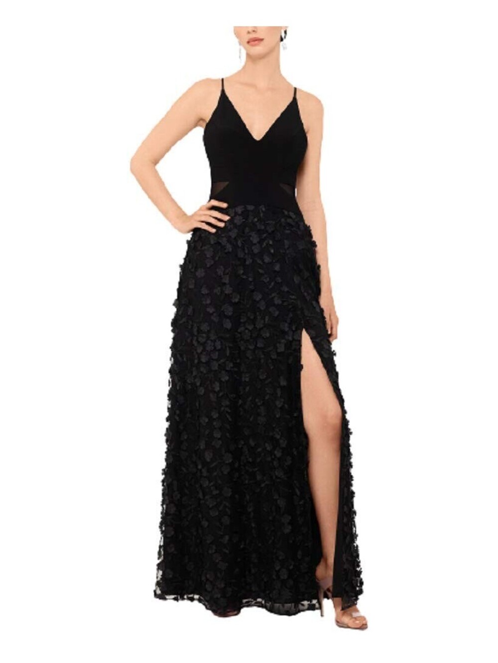 Xscape Ity V Front Top with Long Raised Flower Skirt Black/Black 6